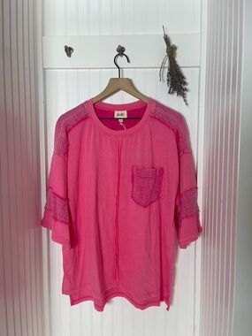 BiBi Hot Pink Short Sleeve Knit Top with Chest Pocket